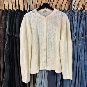 Vintage 70s Cuddle Knit White Cable Knit Cardigan Sweater Grandpa Style Large